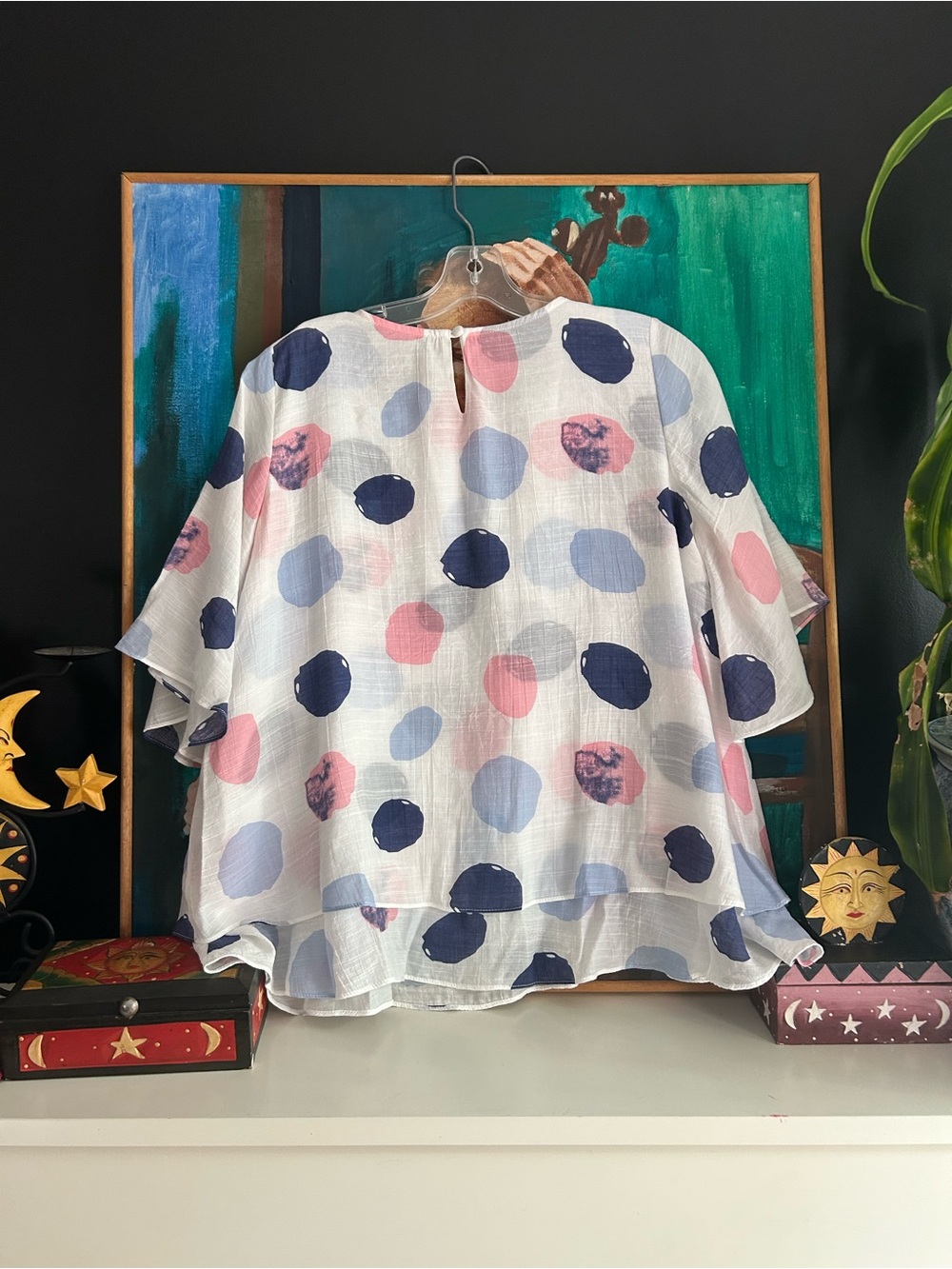Red Coral Womens Small White Pink Blue Polka Dot Layered Blouse Boho Artsy Top - Picture 10 of 16